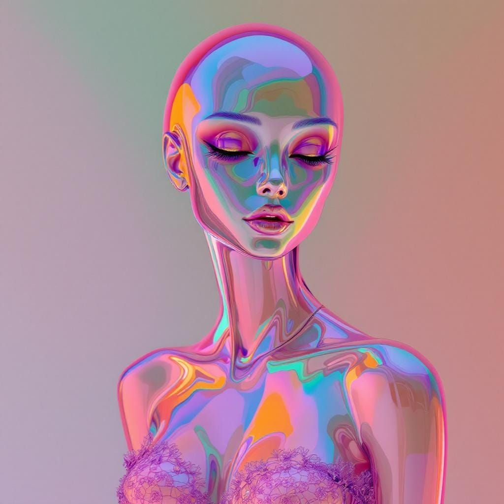 Glass Being with Reflective Skin in Futuristic Style