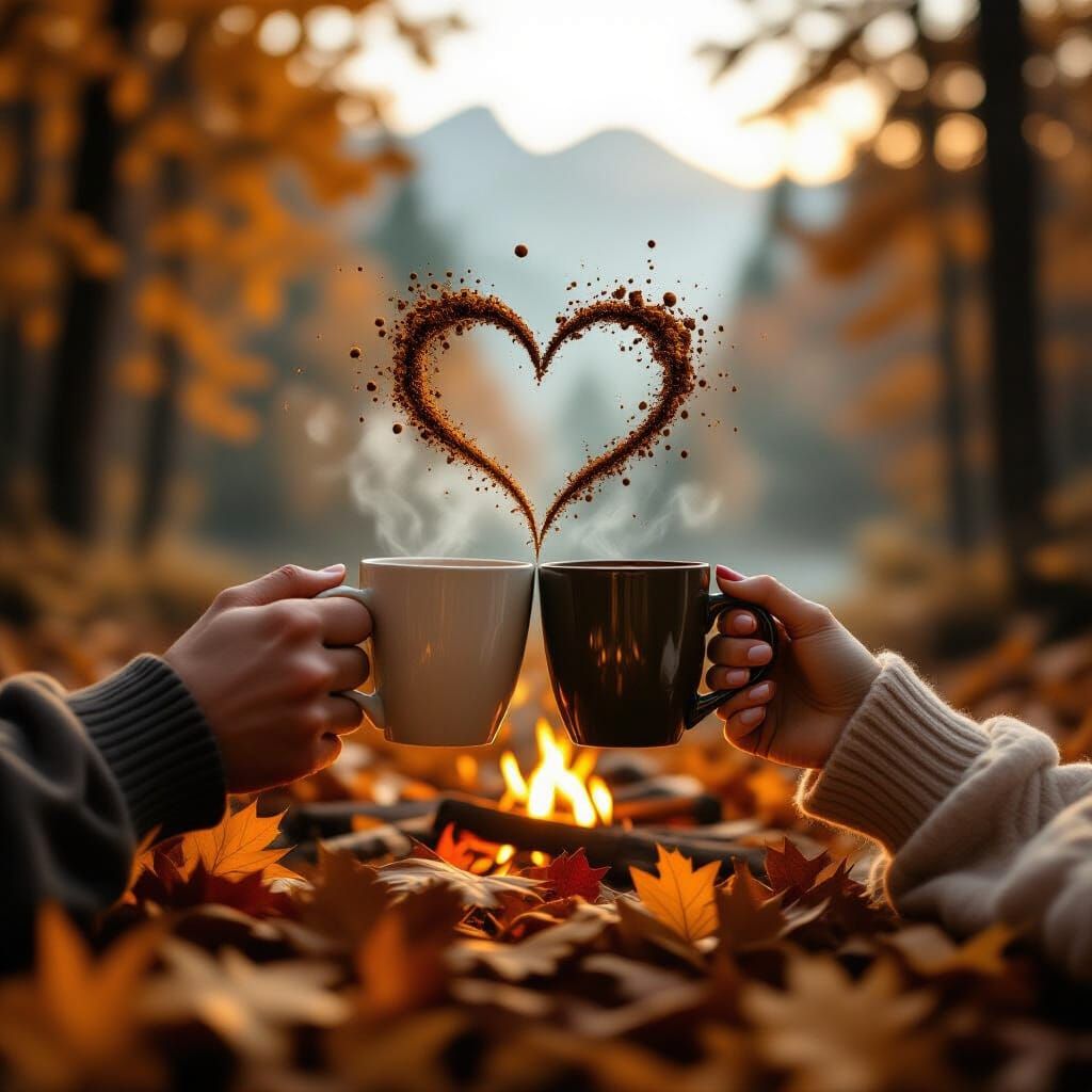 Couple's Hands Clasp Coffee Mugs in Autumn Forest