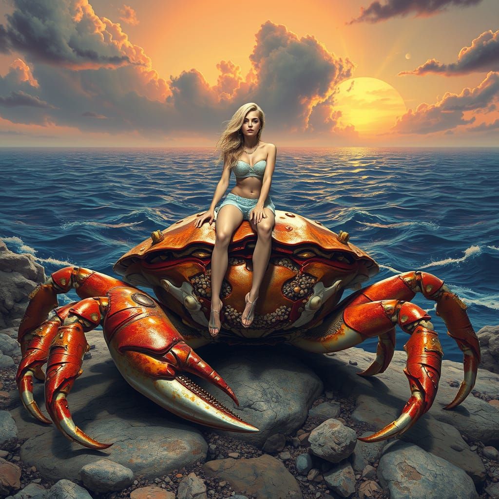 Woman Rides Giant Crab in Pop Surrealist Style