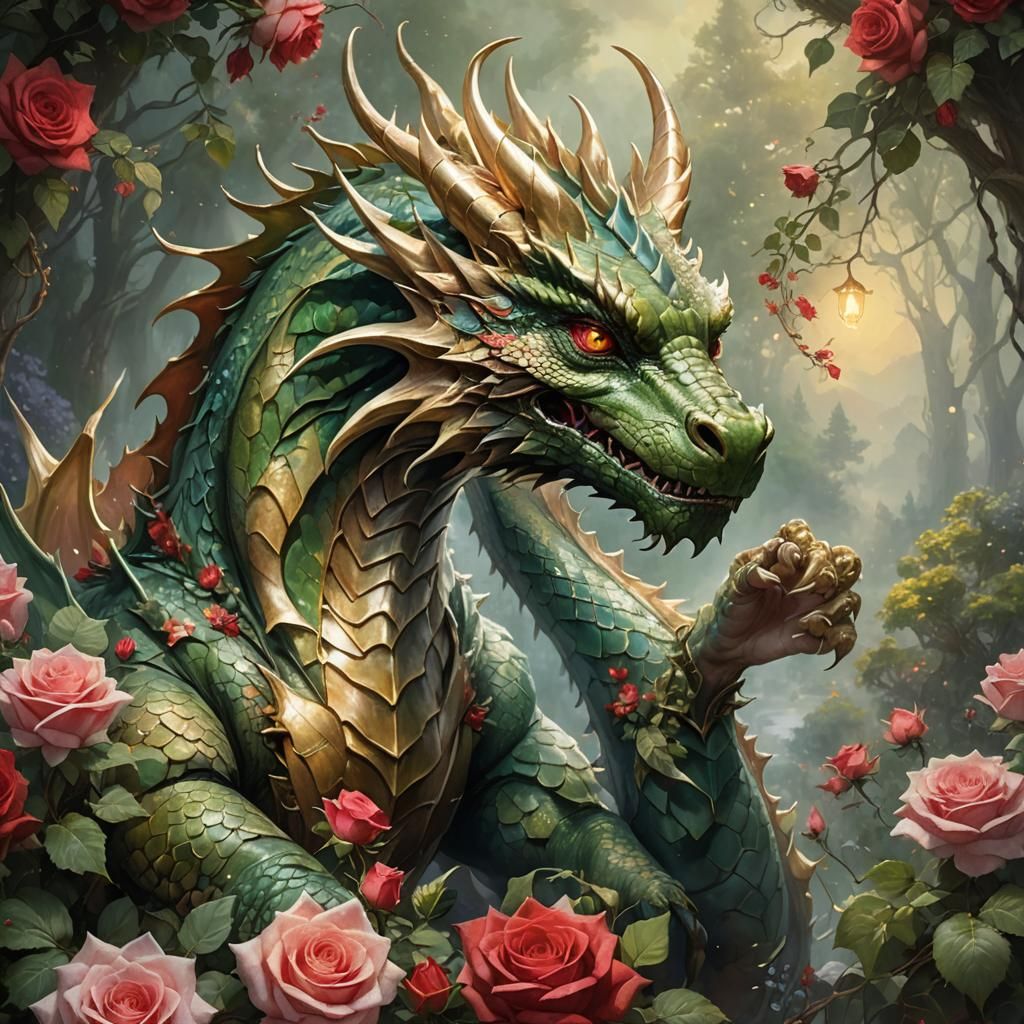 Majestic Dragon with Scarlet Roses in Cottagecore Style