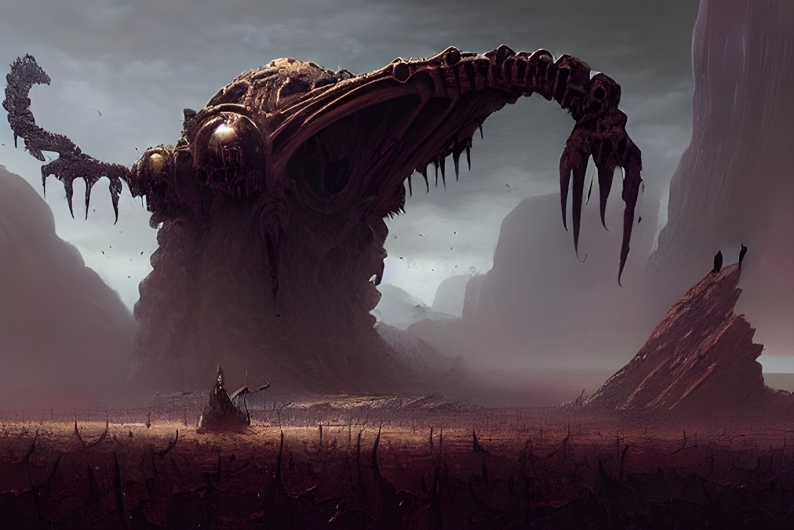 Eerie Alien Confrontation in Dark Fantasy Style