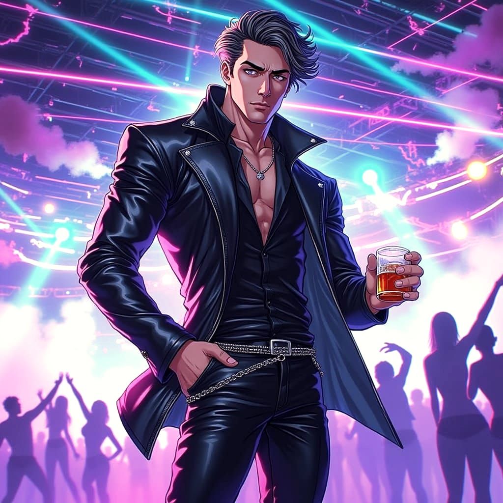 Handsome Older Anime Man in Neon Nightclub