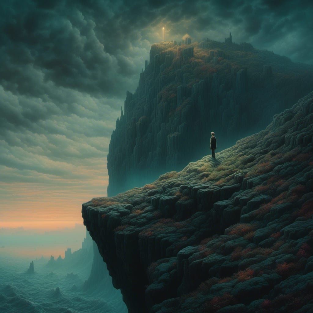 Cliffside Figure in Somber Surrealism Style