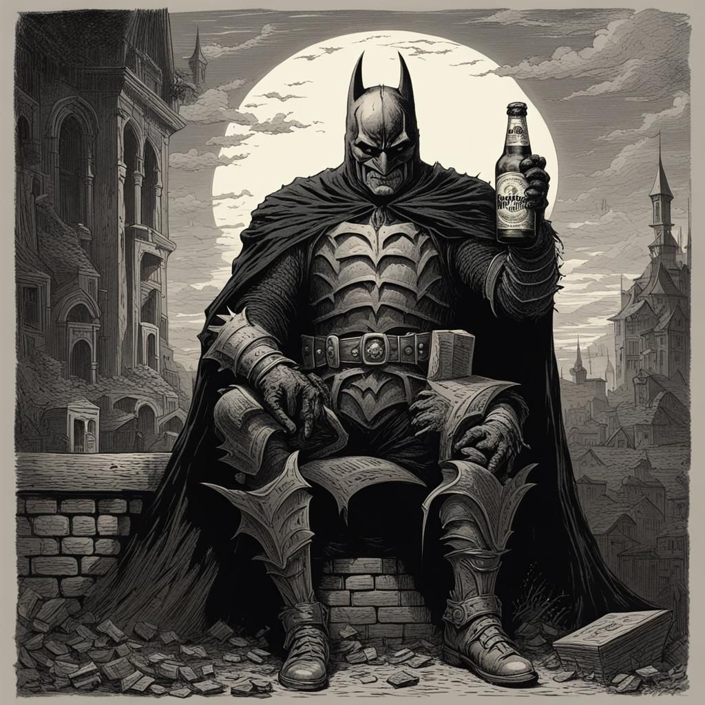 Smiling Dark Knight Drinking Beer, Horror Style