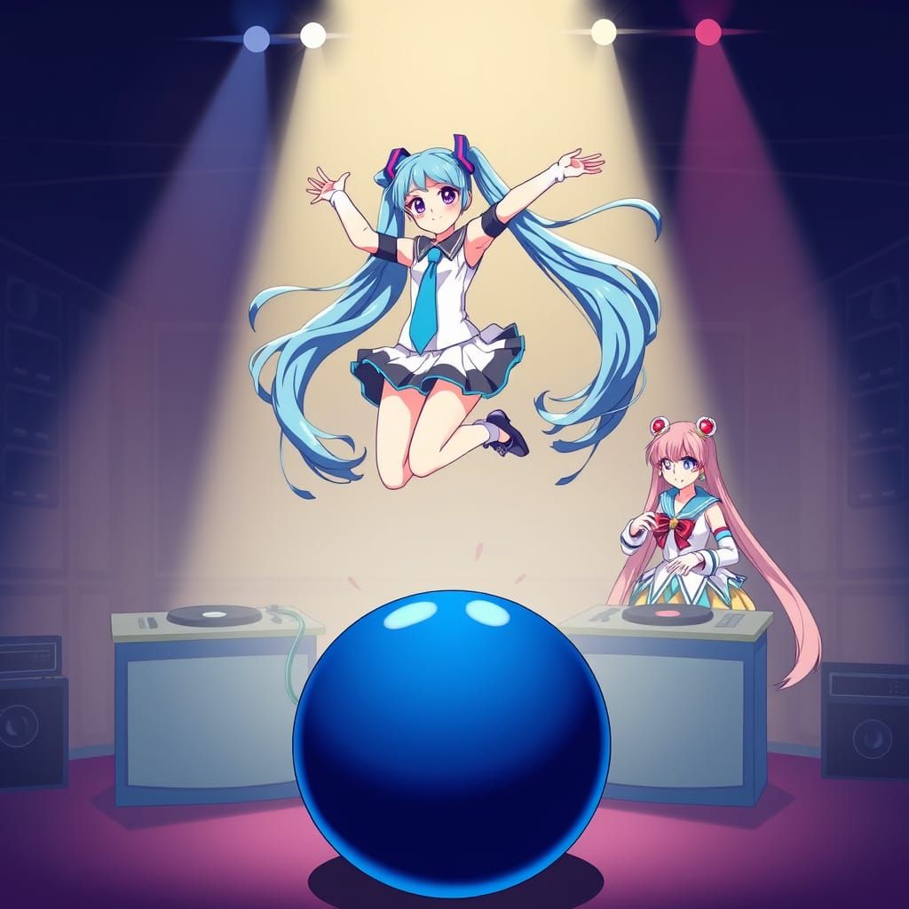 Vibrant Kawaii Scene of Anime Idols Playing Vinyl DJs at Sch...