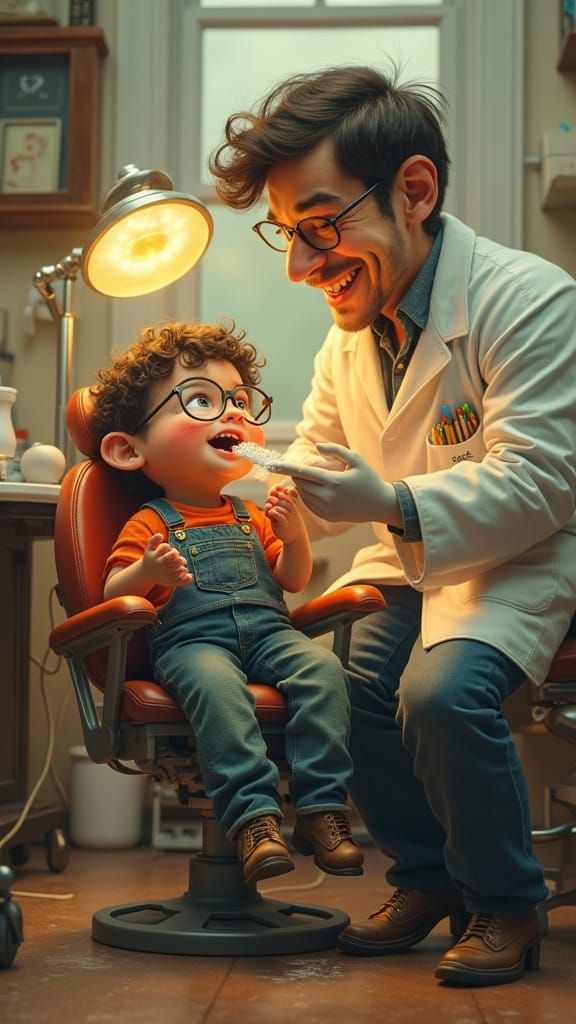 Whimsical Dentist Scene with Tiny Patient