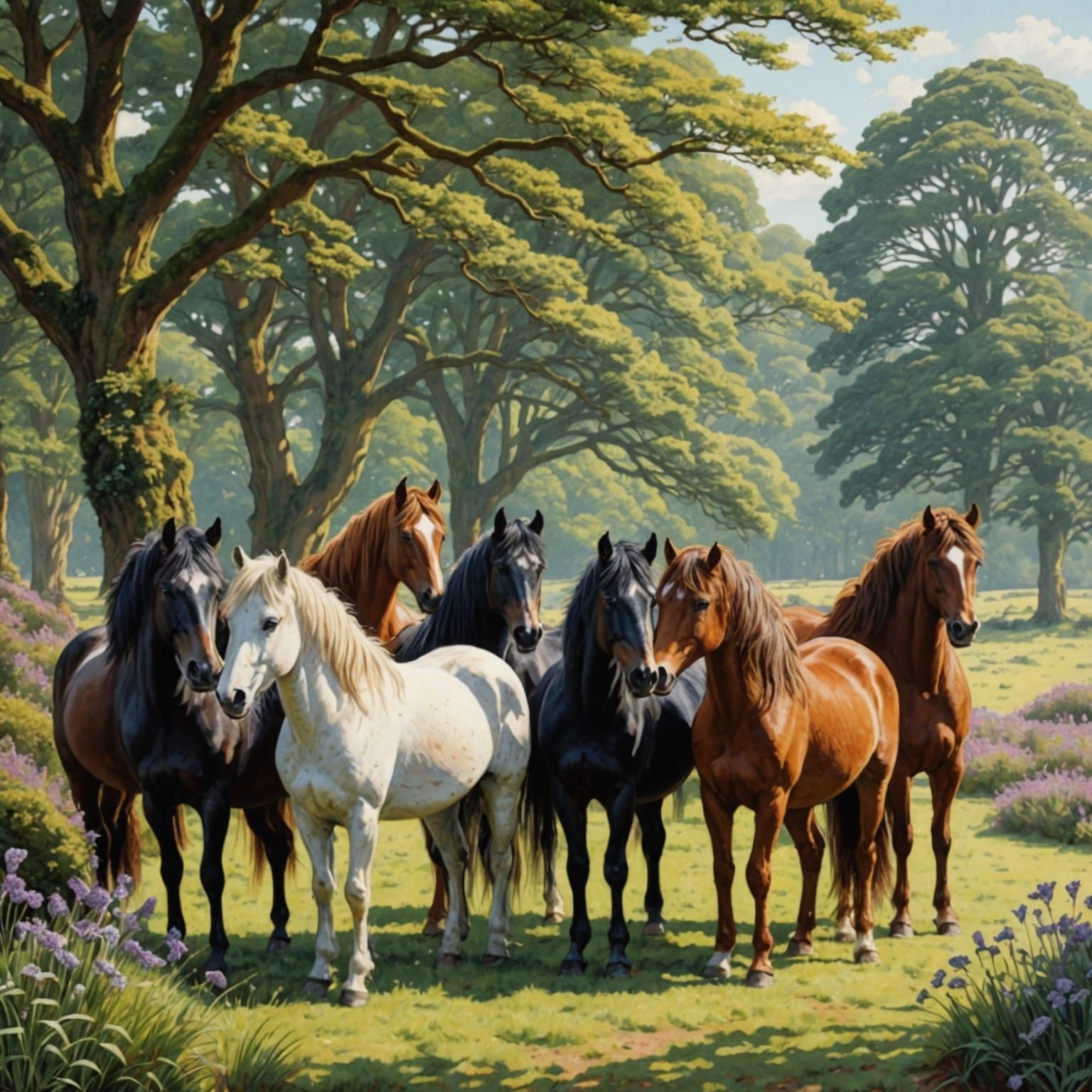 Ponies in New Forest: Art Nouveau Pointillism