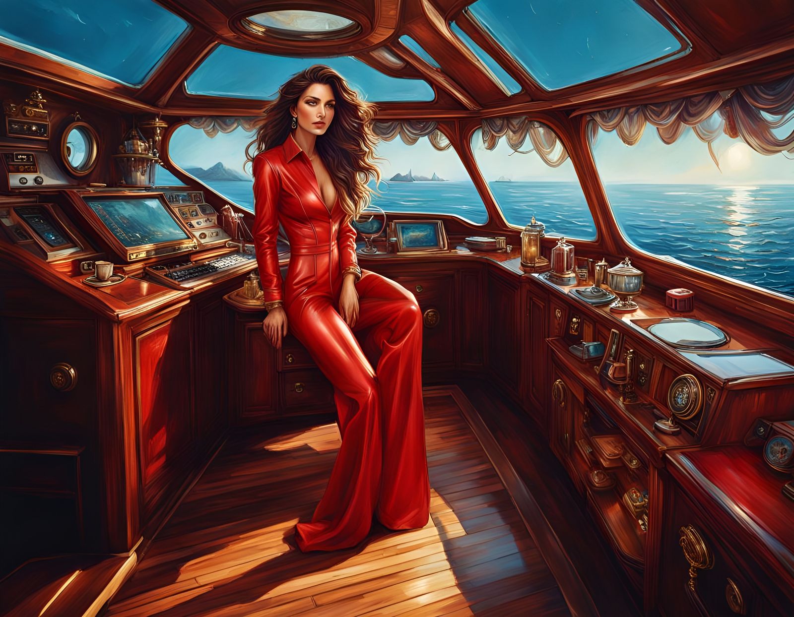 Brunette in Red Jumpsuit on Yacht, Digital Art