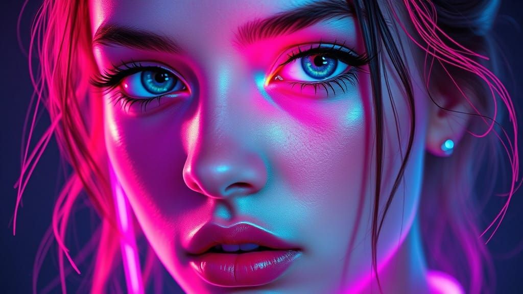 Glowing Neon Portrait of a Young Woman in Retrofuturistic St...
