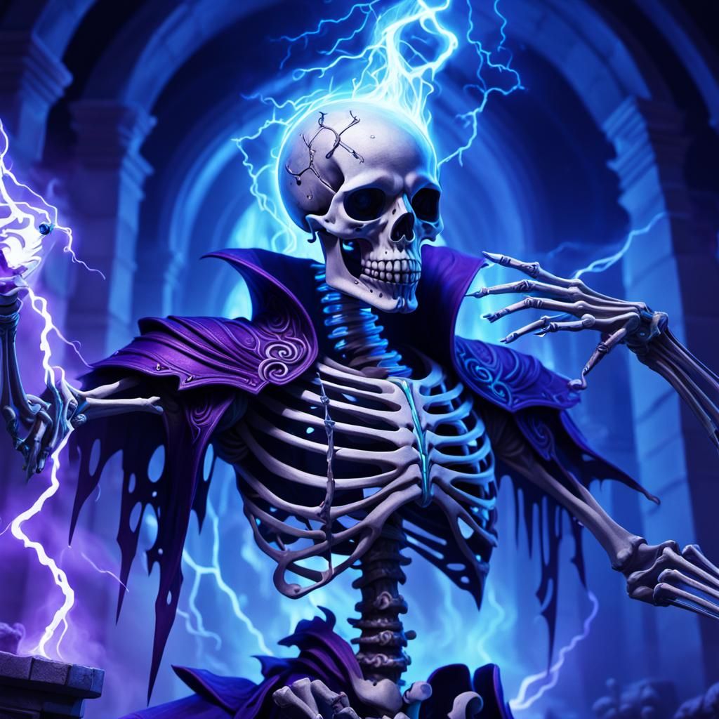 Skeleton Warlock Conjuring Lightning in 3D Anime Style