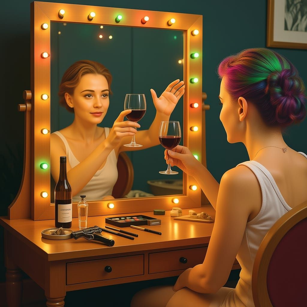 Woman Reaches Through Mirror for Wine with Christmas Lights