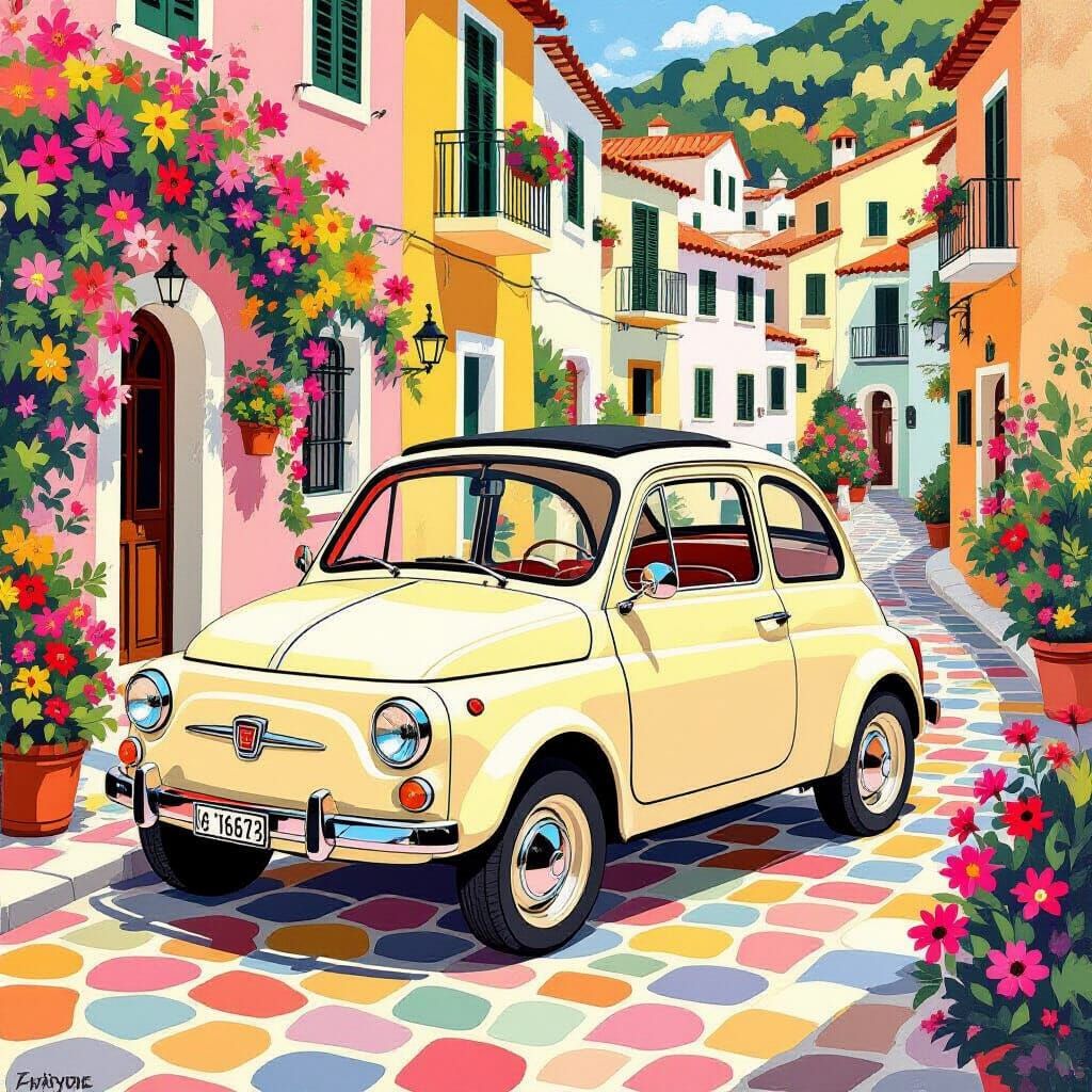 Vintage Fiat 500 in Positano, Vintage Poster Art