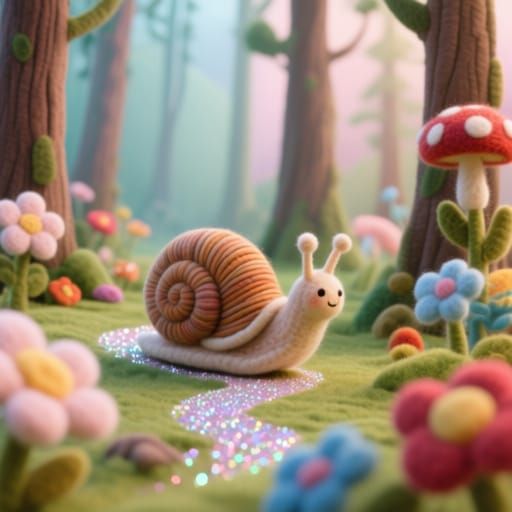 Giant Needle-Felted Snail in Whimsical Forest