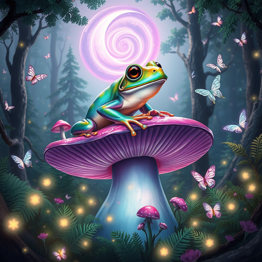 Magical Frog on Glowing Mushroom in Fantasy Forest