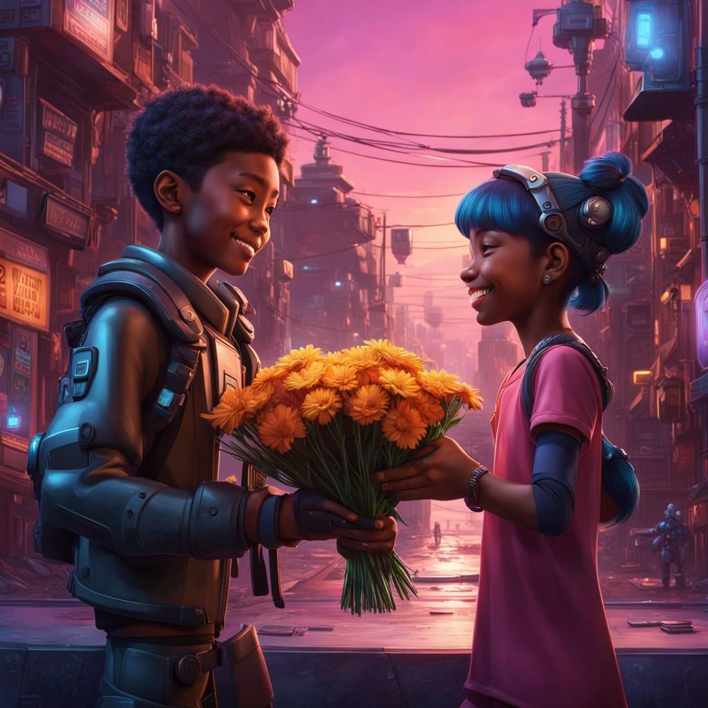 Boy Gives Flowers to Cyborg Girl in Cyberpunk City