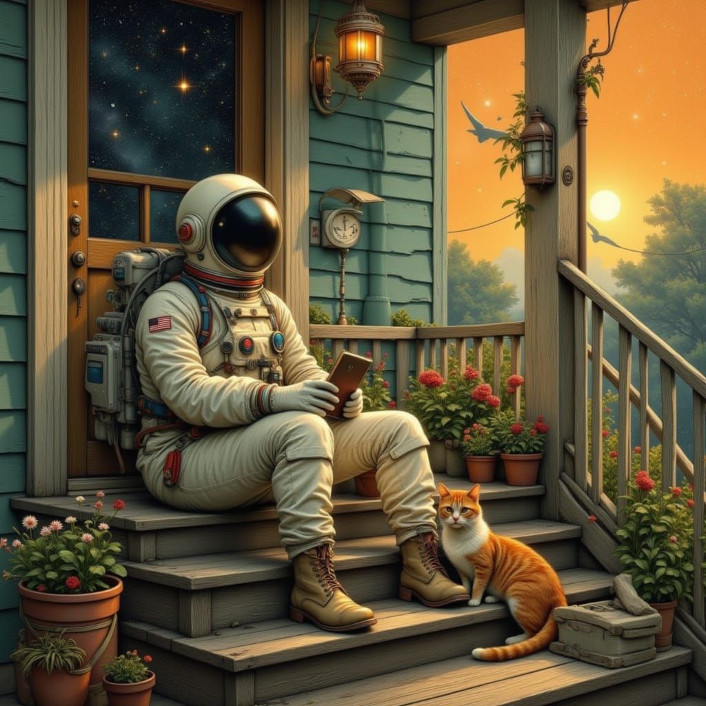 Astronaut and Cat on Porch Under Starry Sky