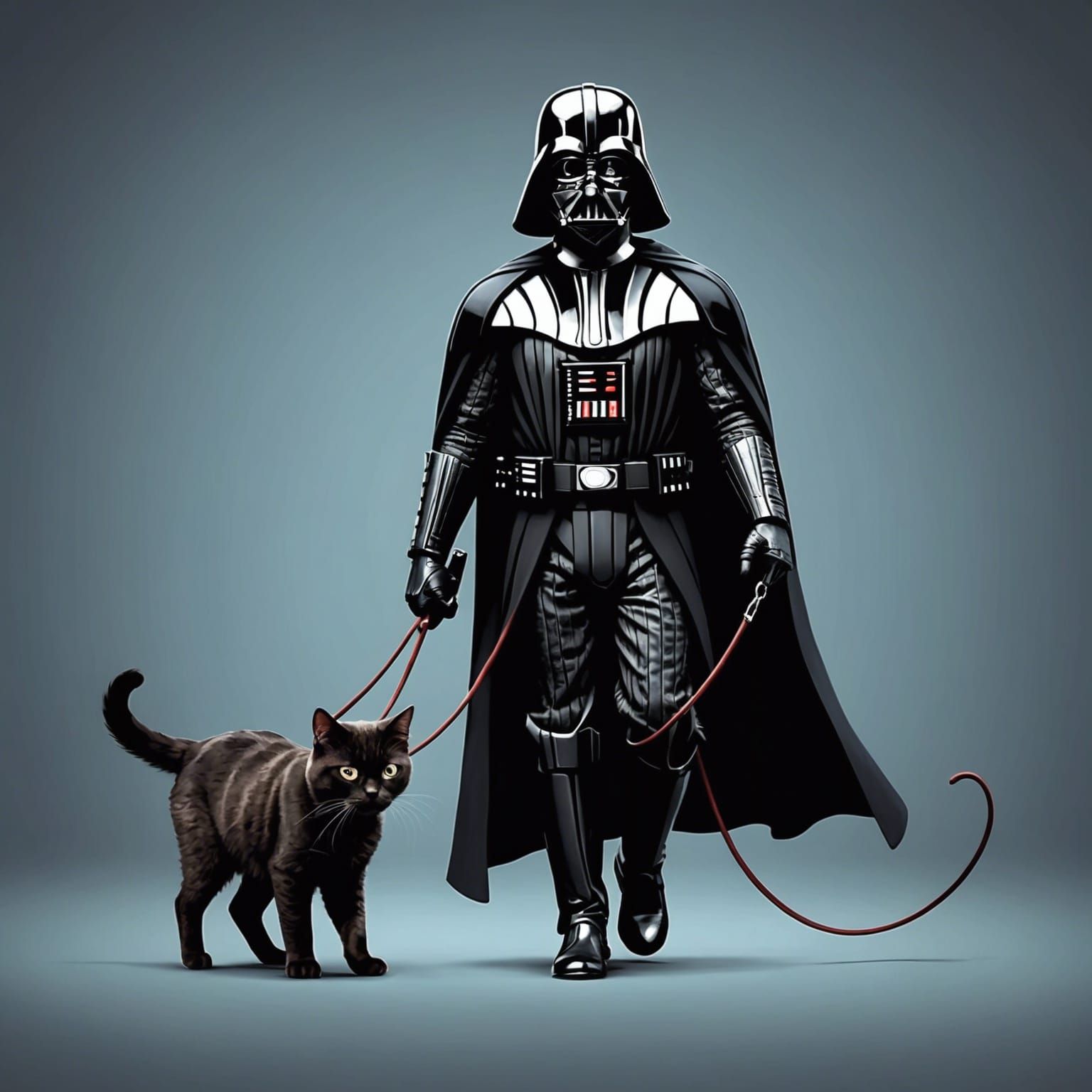 Darth Vader walking his cat on a leash