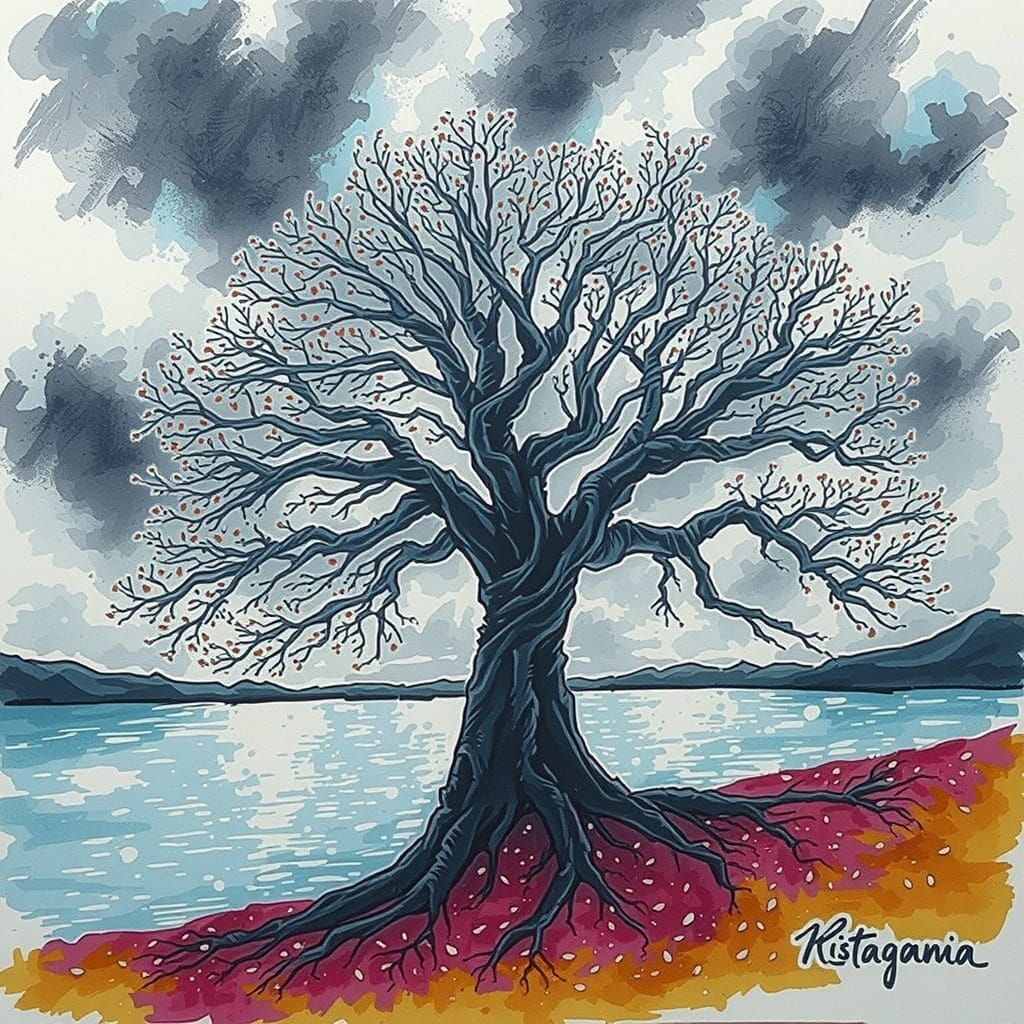 Ancient Oak Tree by Lake Under Stormy Sky in Ink Splash Styl...