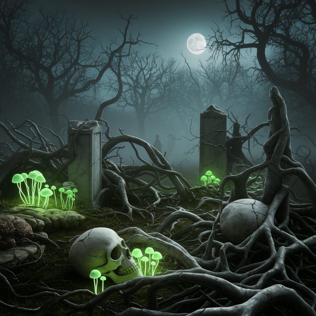 Eerie Bioluminescent Garden Under Moonless Sky