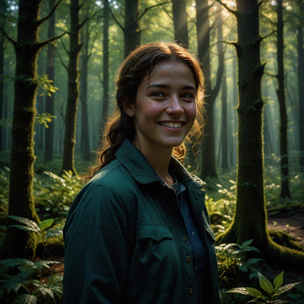 Young Woman Shines in Dark Forest with Ethereal Glow