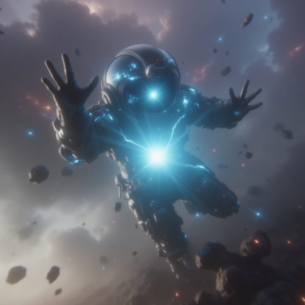 Astronaut in Dramatic Pose Against Galaxy Backdrop