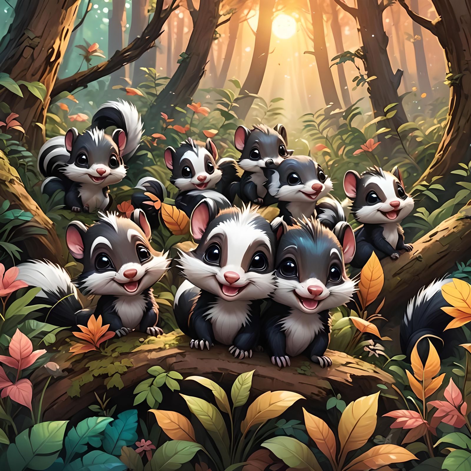 Adorable Chibi Skunks in Fantasy Forest at Sunrise