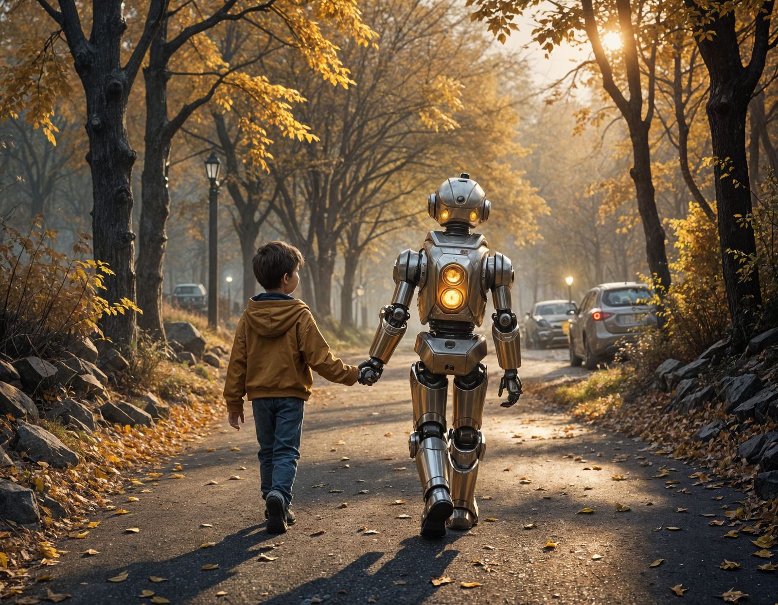 Boy and Robot Walk Through Autumn Landscape