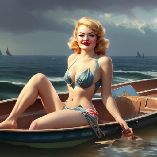 Vintage Pin-Up Girls Rowing: Art Nouveau Style