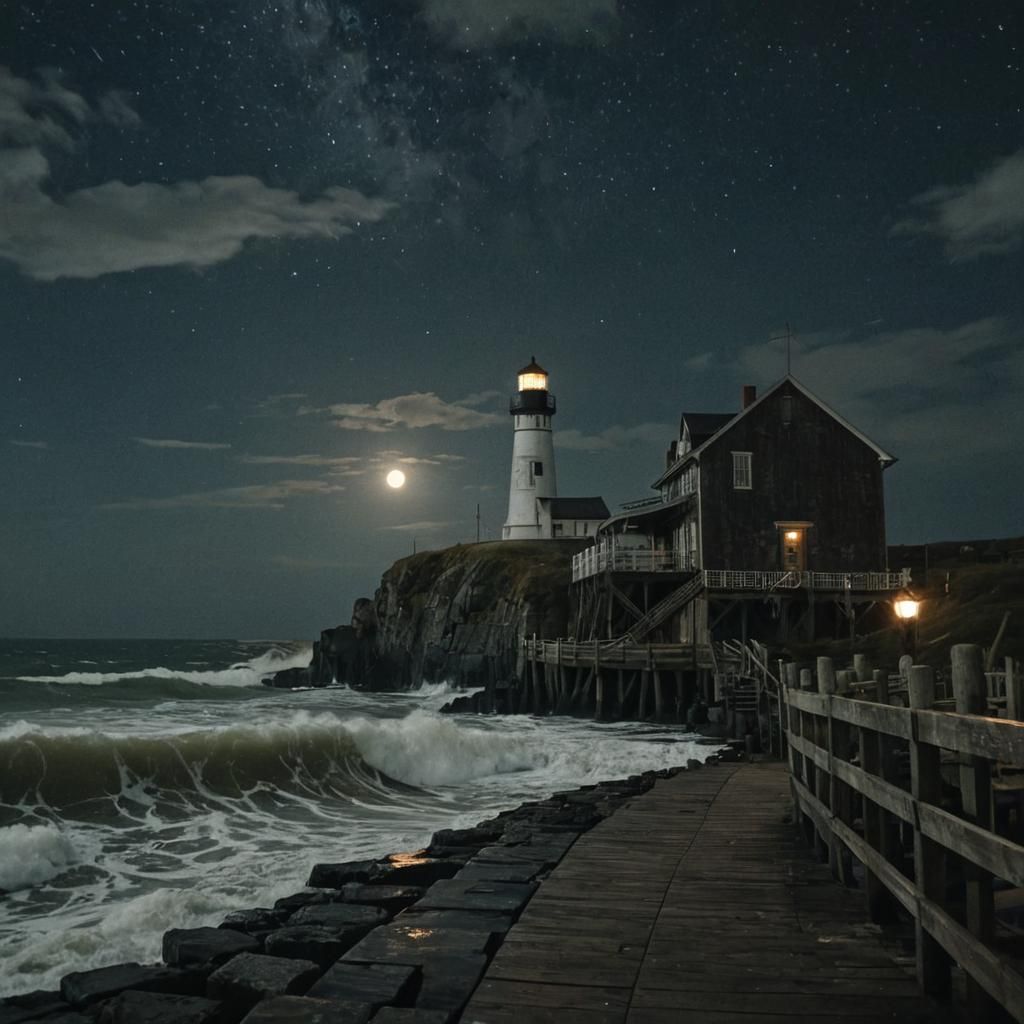 Moonlit Fisherman's Tavern at Night: Cinematic Scene
