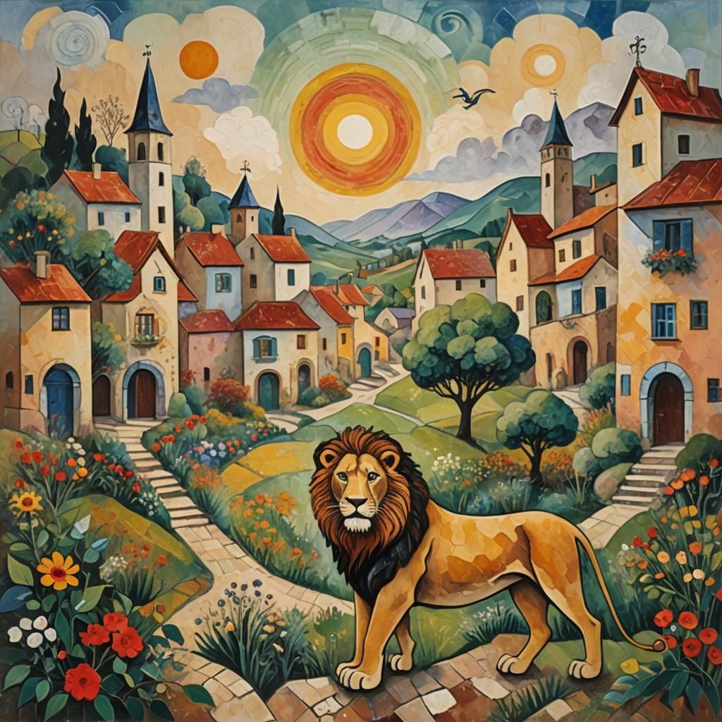 Lion in Village Naive Art Style