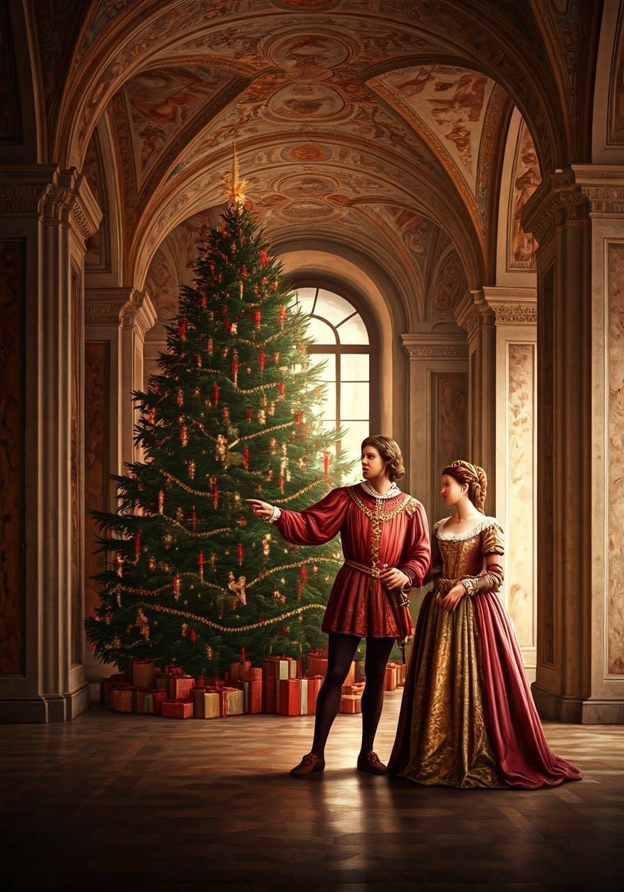 Renaissance Holiday Scene with Regal Figures and Ornate Chri...