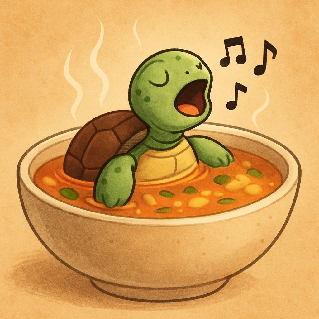 Singing Turtle Floating in Soup Bowl