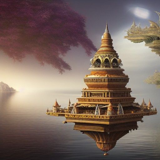 Elaborate Floating Vimana with Garden Island