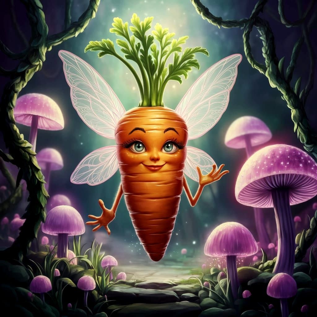 Whimsical Fairy Carrot in Enchanted Garden Scene