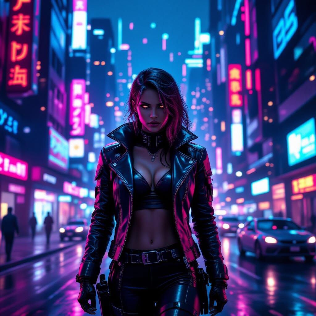 Dynamic Cyberpunk Figure in Neon Cityscape