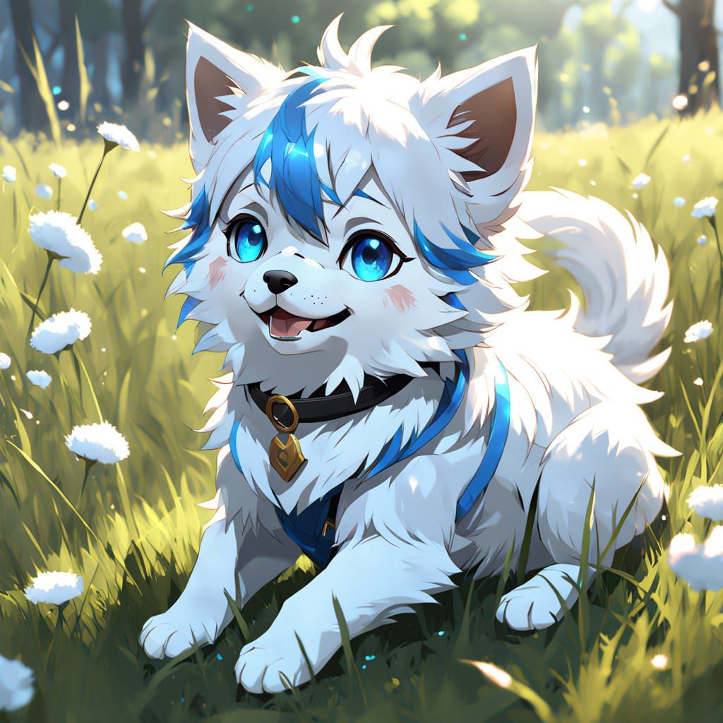 Vibrant Anime Puppy Plays in Sunny Meadow
