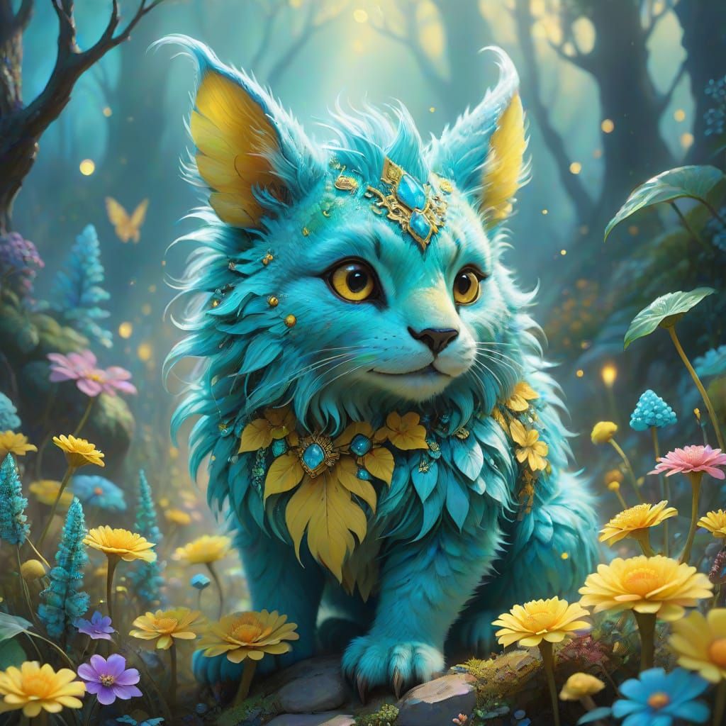 Whimsical Turquoise Creature in Ethereal Gemstone Landscape