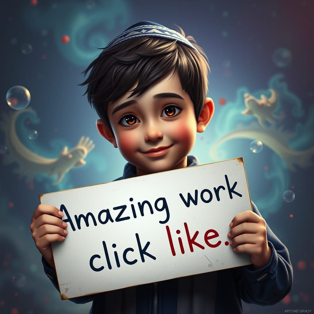 Charming Jewish Youth Holds Ovation Sign in Vibrant Fantasy ...