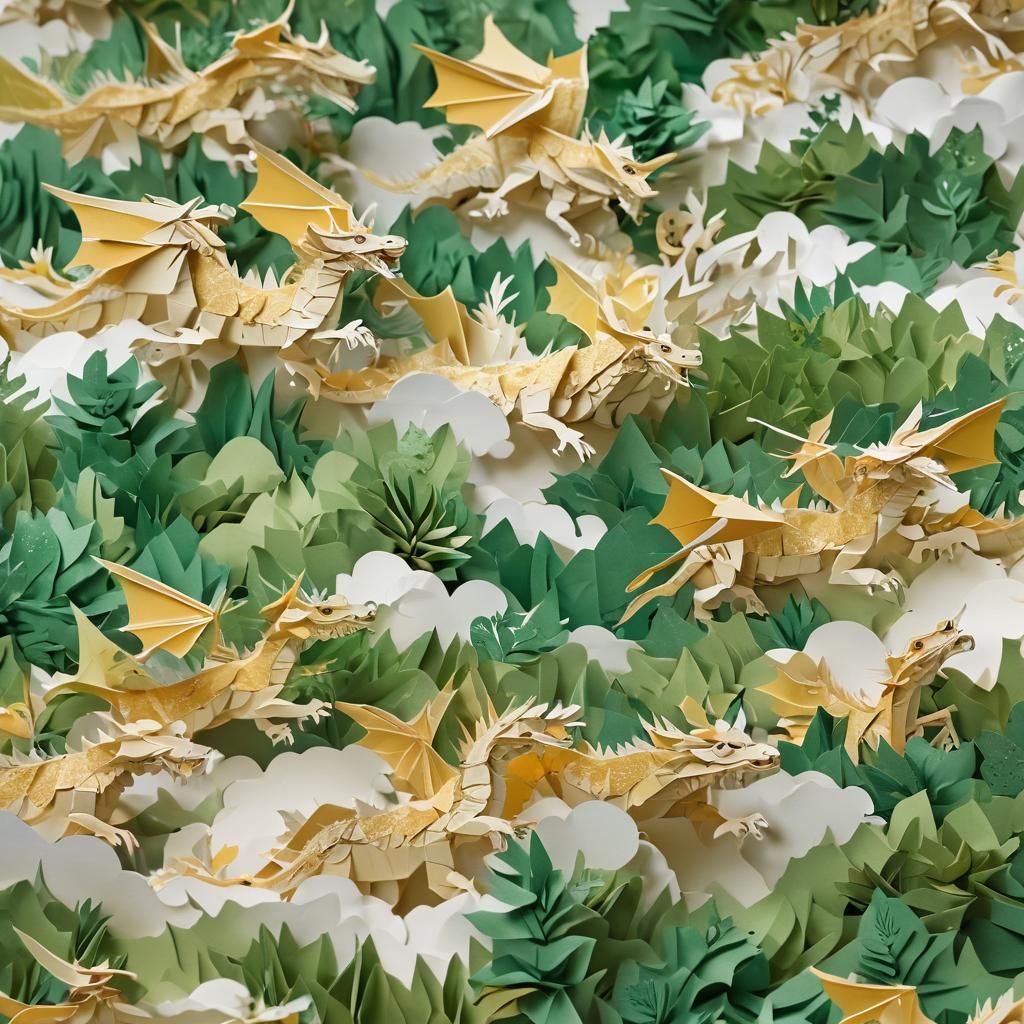 Origami Dragons Soaring Through Forest in Papercraft Style