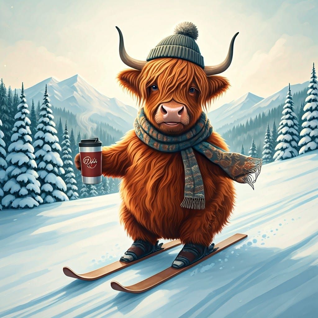 Whimsical Highland Cow Sleds Down Snowy Slope with Chai Tea