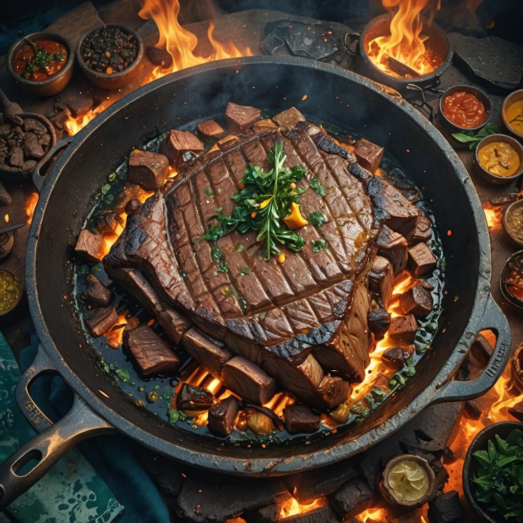 Sizzling Grilled Beef on Ancient Pan: 3D Animation