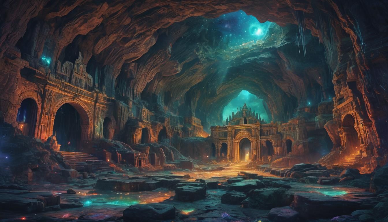 Astral Underground City in Massive Cave, Cosmic Illustration