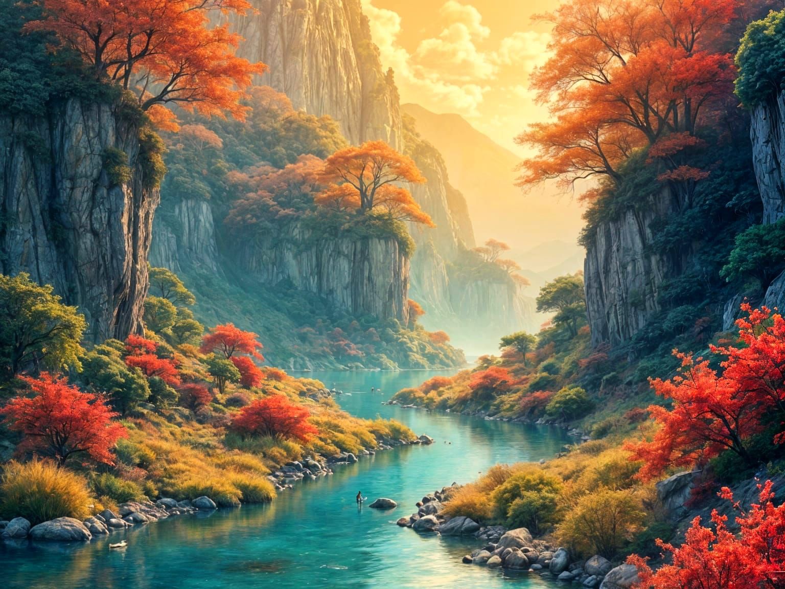 Anime River Garden in Watercolor Style