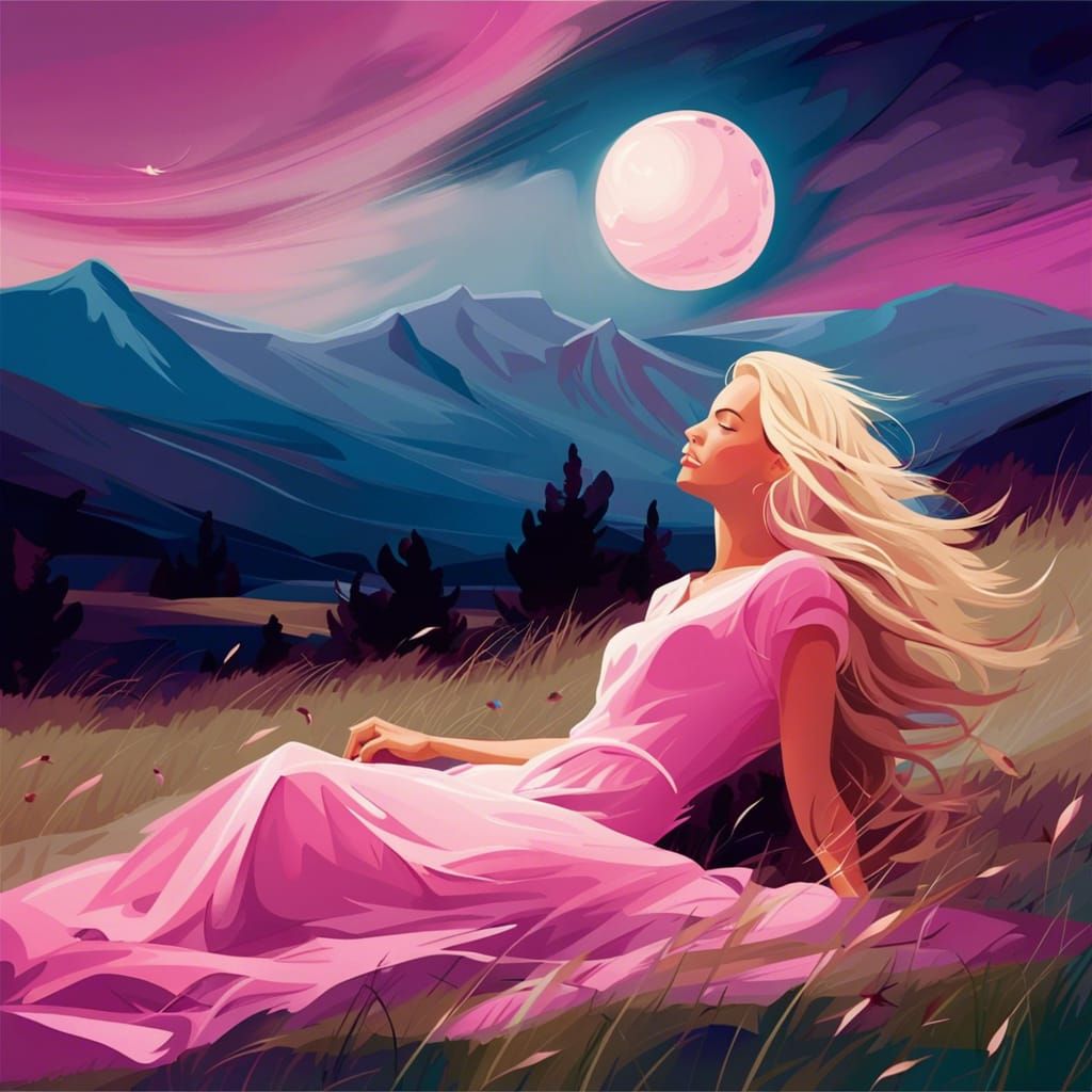 Moonlit Meadow with Girl in Pink Dress