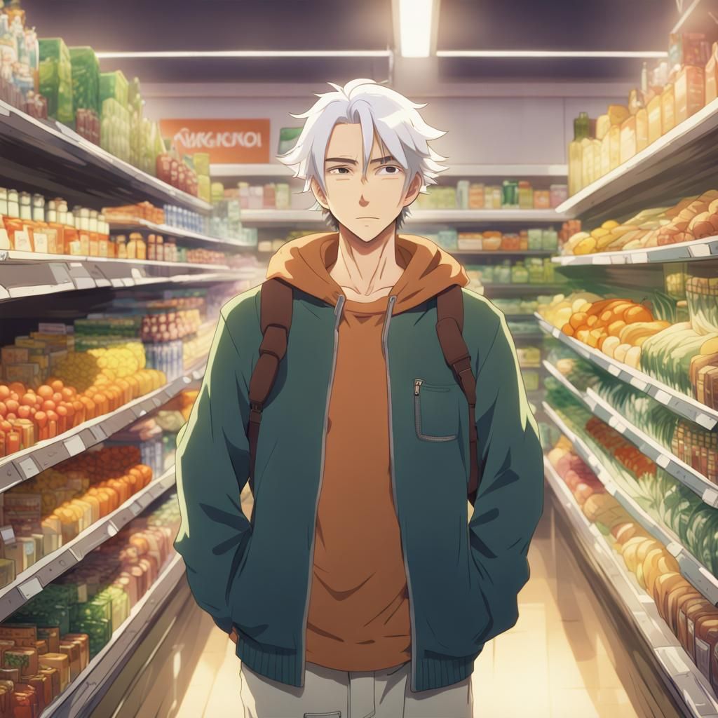 Anime Guy in Grocery Store, Ghibli Style
