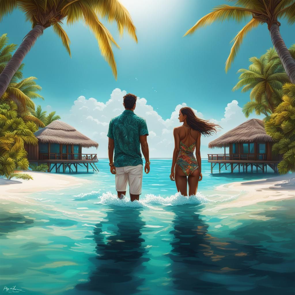 Maldives Island Oasis in Hyperrealistic Splash Art