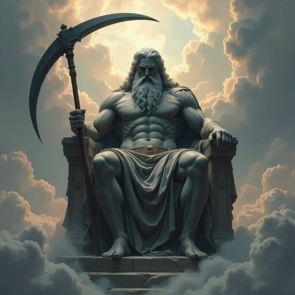 Colossal Titan Cronus Seated on Cosmic Throne with Scythe