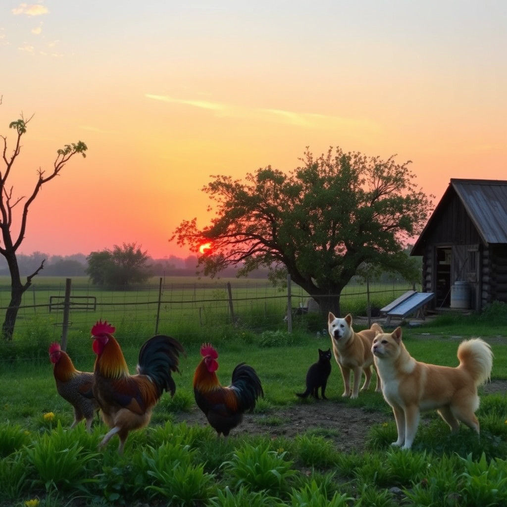Idyllic Sunrise Scene with Animals in Garden