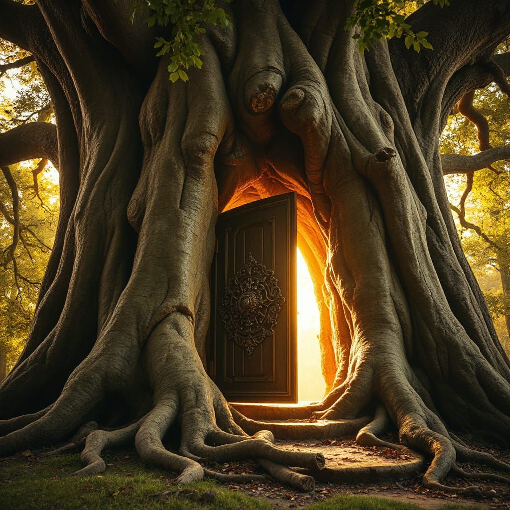 Ancient Tree Portal Emitting Golden Light