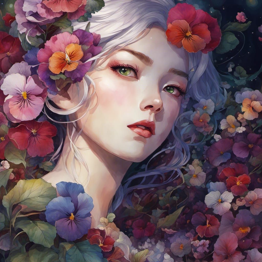 Dreamlike Watercolor: Woman Surrounded by Pansies